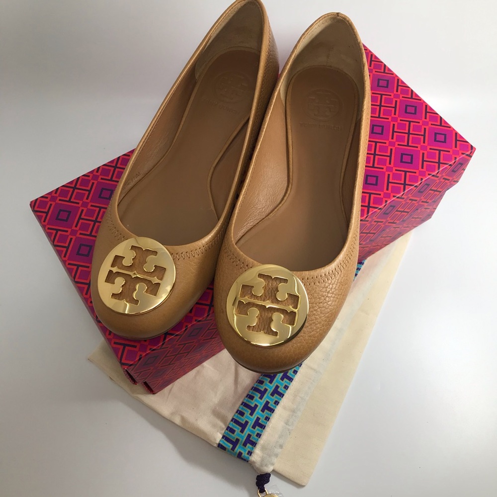Tory Burch Tan Leather Logo Ballet Flats with Gold Emblem